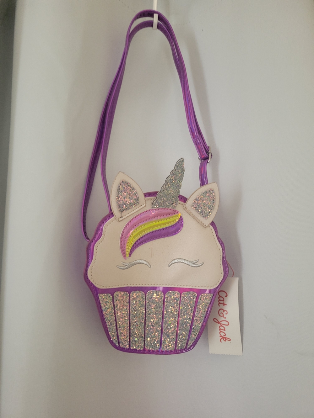 Cat & Jack Purple Unicorn Cupcake Crossbody Bag with Silver Glitter
